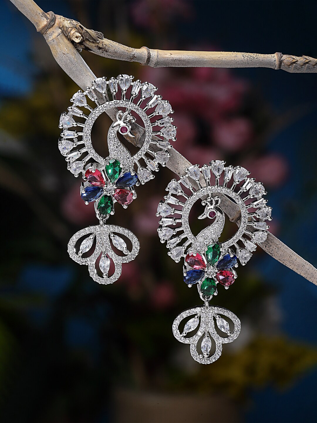 

ZENEME Rhodium-Plated Peacock Shaped Drop Earrings, Silver