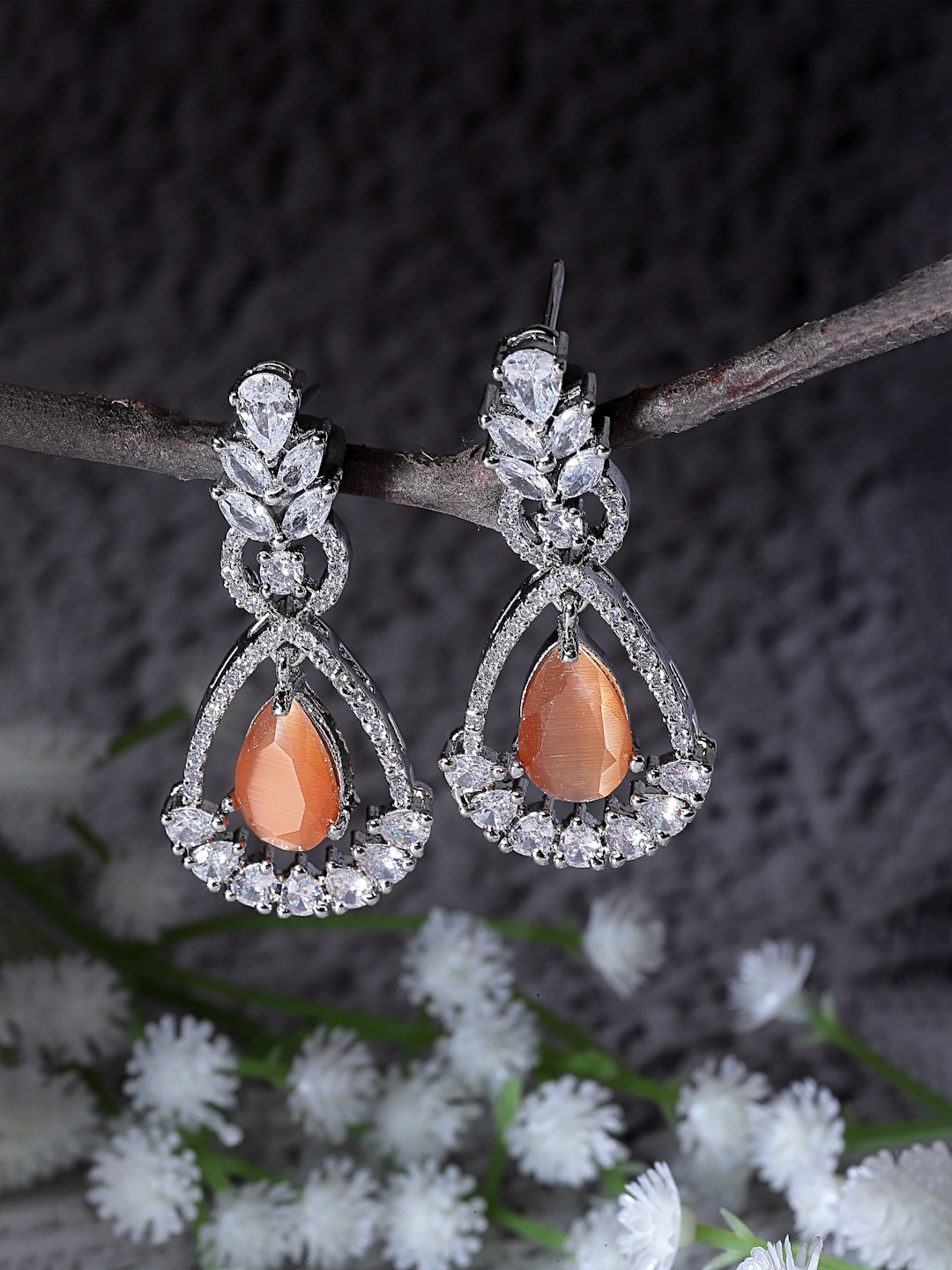 

ZENEME Rhodium-Plated Teardrop Shaped Drop Earrings, Orange