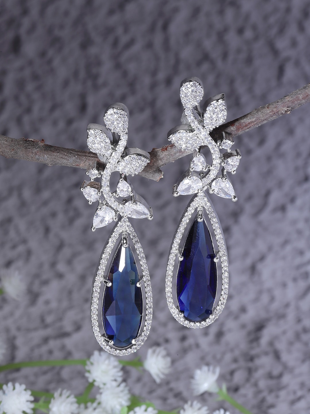 

ZENEME Rhodium-Plated American Diamond Studded Teardrop Shaped Drop Earrings, Navy blue