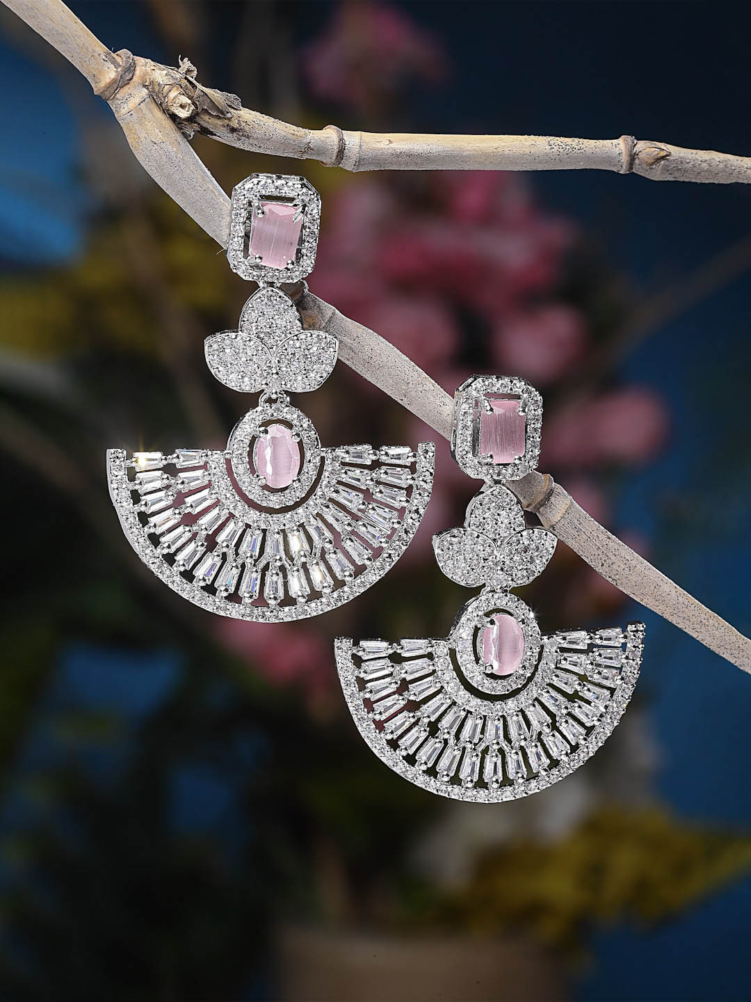 

ZENEME Rhodium-Plated American Diamond Studded Leaf Shaped Drop Earrings, Pink