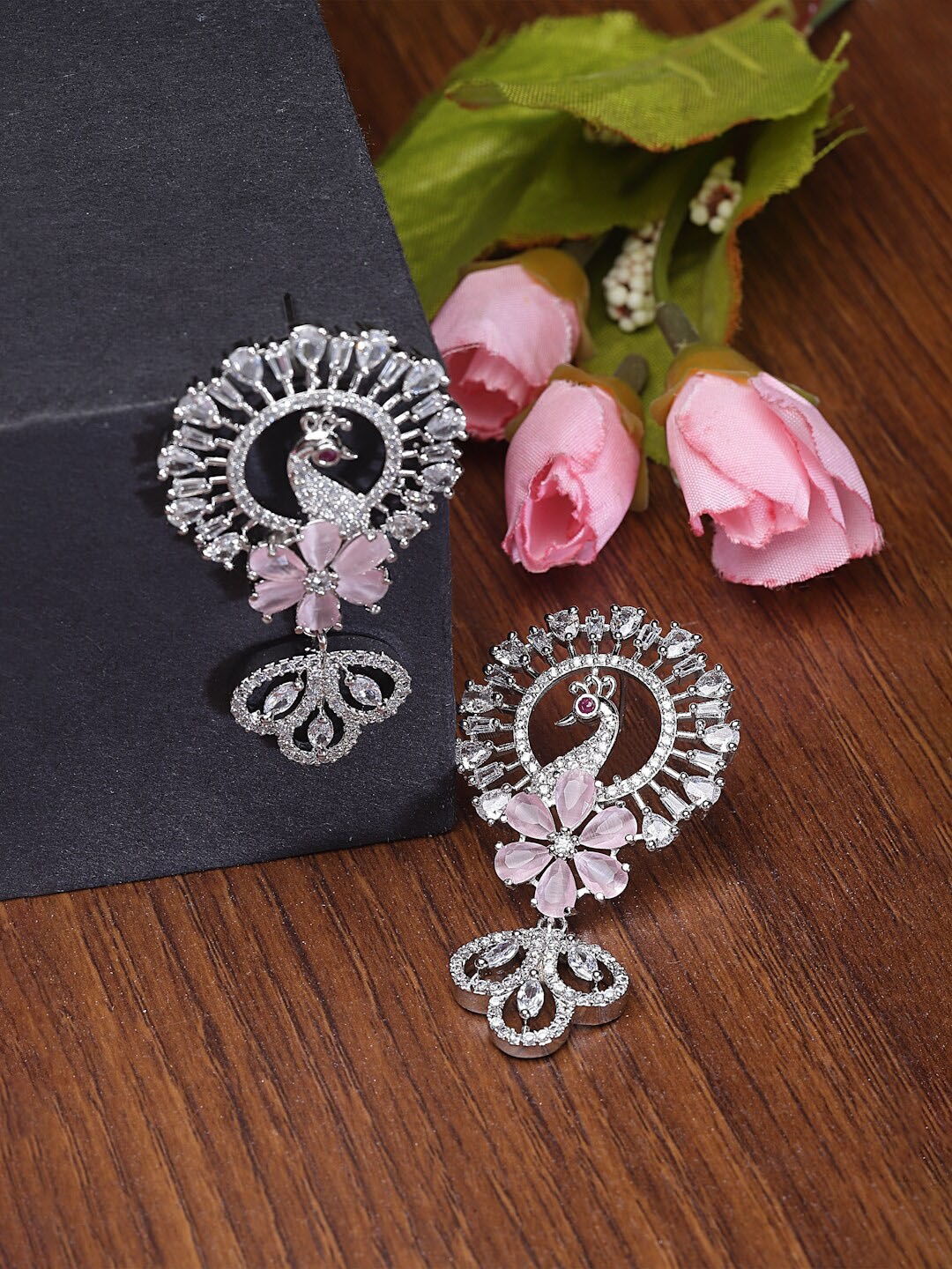 

ZENEME Rhodium-Plated AD Studded Peacock Shaped Drop Earrings, Pink