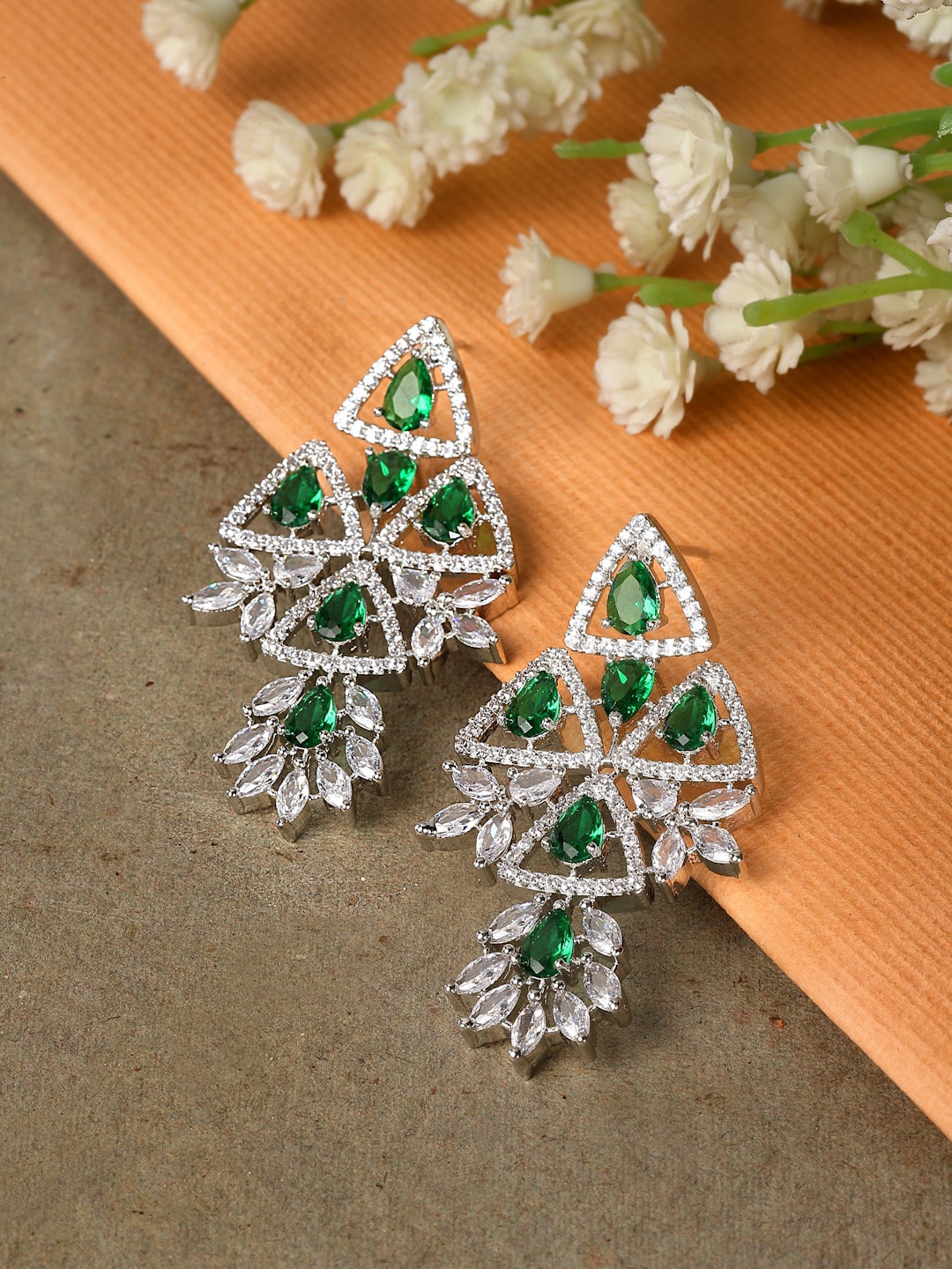 

ZENEME Rhodium-Plated American Diamond Studded Triangular Drop Earrings, Silver