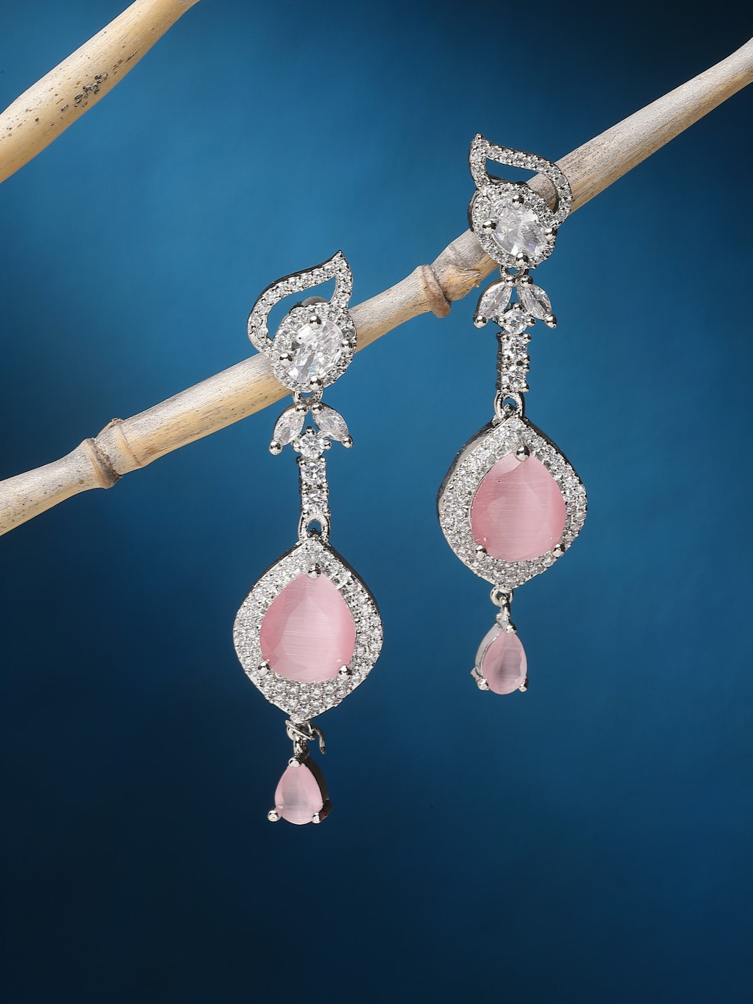 

ZENEME Rhodium-Plated American Diamond Studded Teardrop Shaped Drop Earrings, Pink