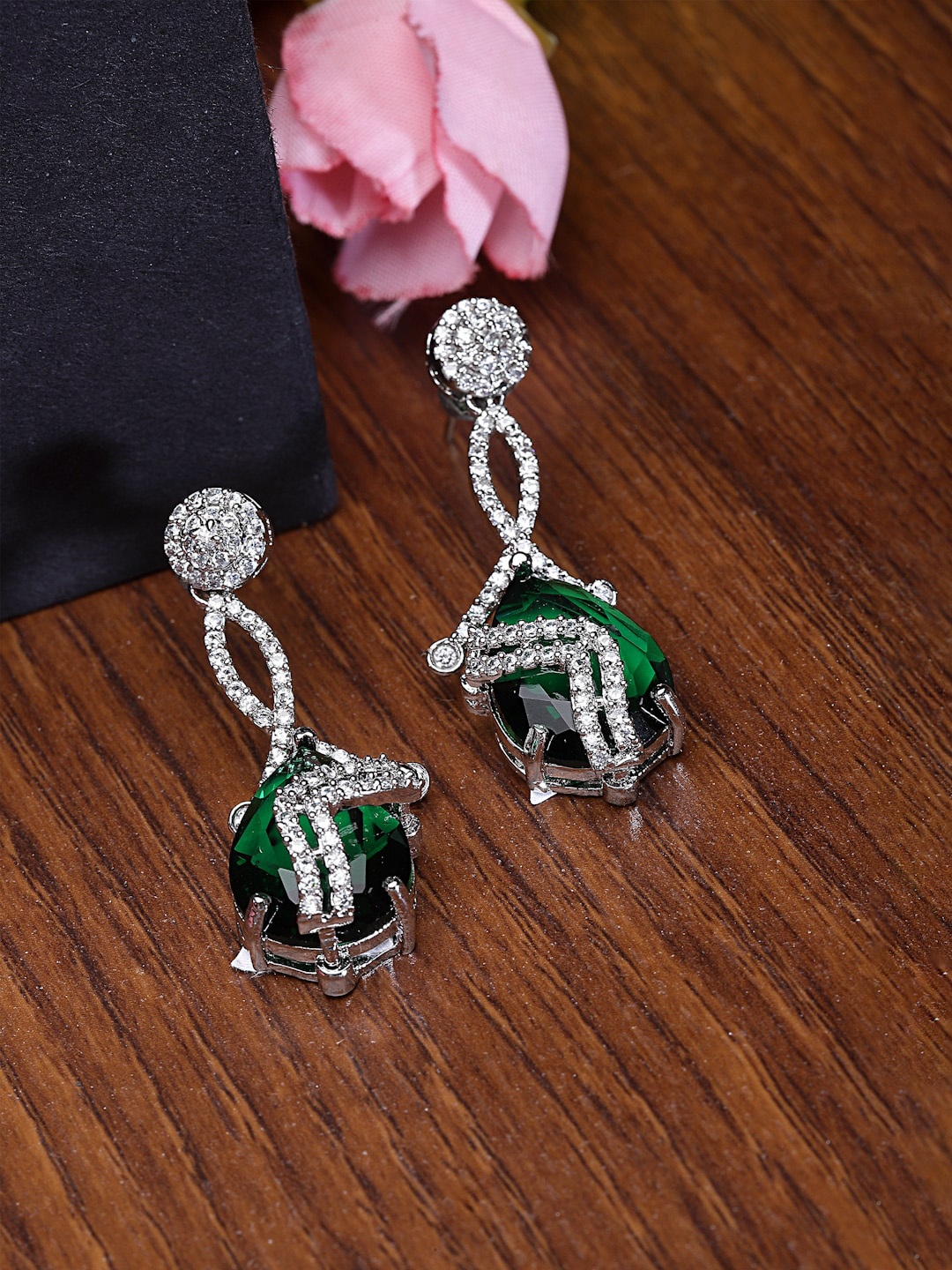 

ZENEME Rhodium-Plated Teardrop Shaped Drop Earrings, Green