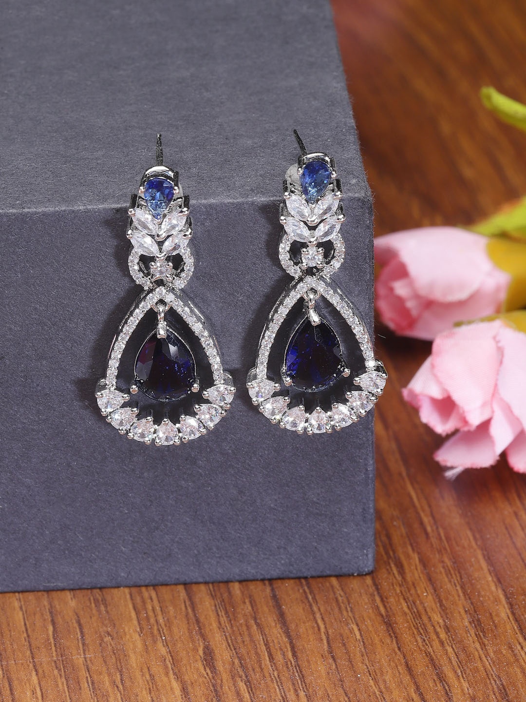 

ZENEME Rhodium-Plated Teardrop Shaped Drop Earrings, Silver