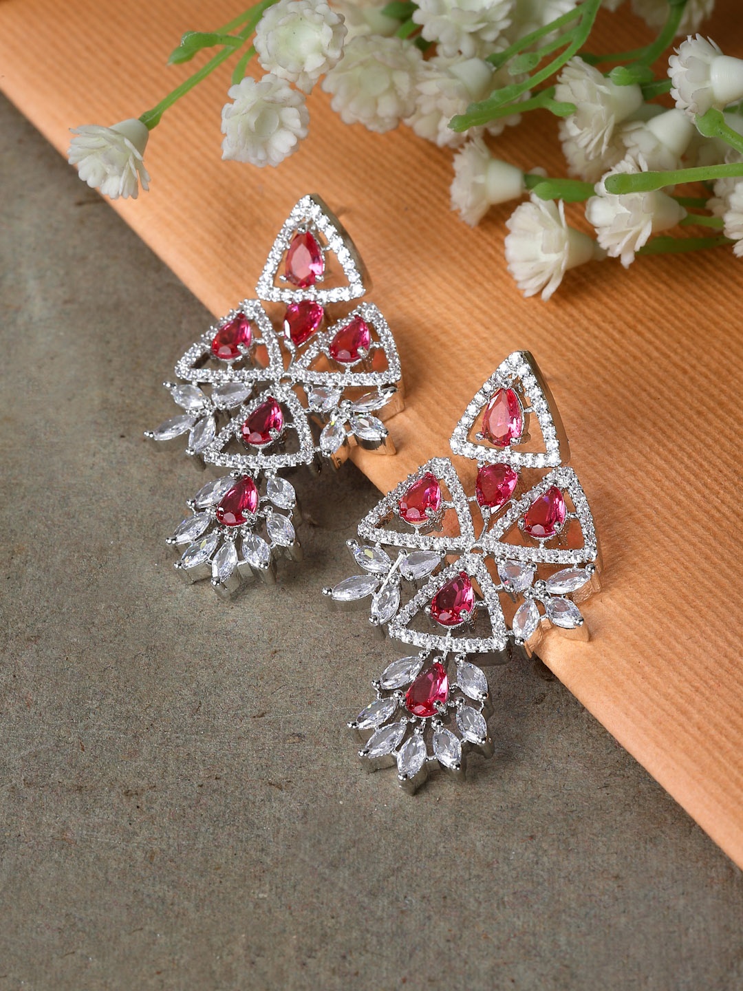 

ZENEME Rhodium-Plated Triangular Drop Earrings, Silver