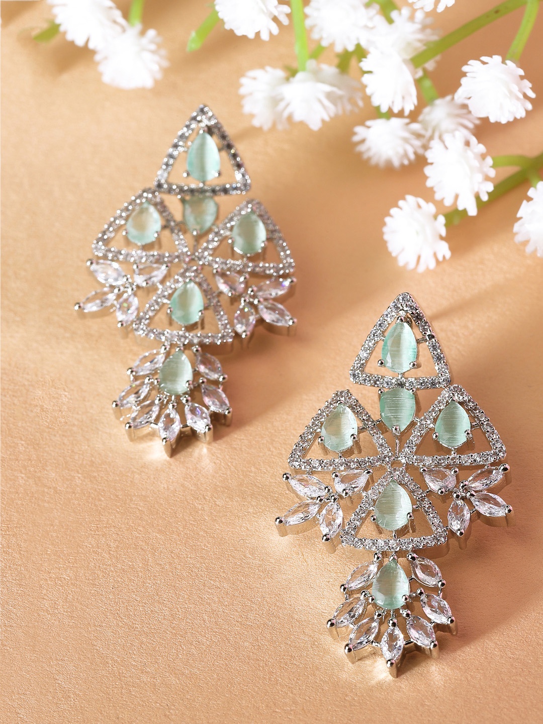 

ZENEME Rhodium-Plated American Diamond Studded Triangular Drop Earrings, Sea green