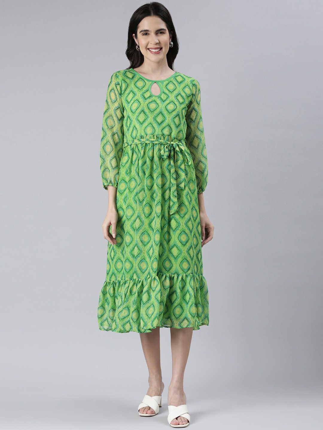 

Souchii Ethnic Motifs Printed Keyhole Neck Fit & Flare Ethnic Dress, Green