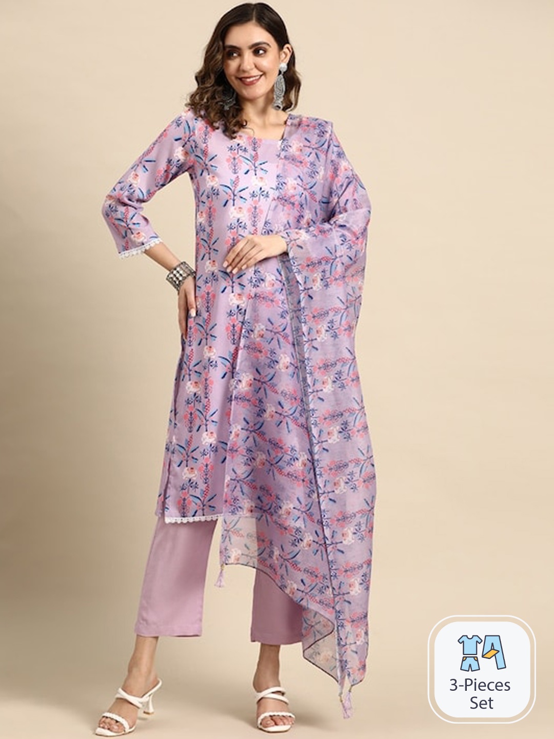 

Sangria Lavender Floral Printed Pure Cotton Kurta With Trouser & Dupatta