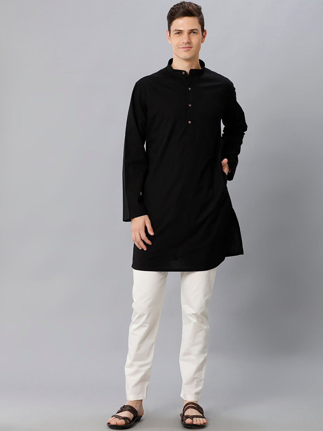 

CAVALLO by Linen Club Band Collar Cotton Linen Kurta, Black