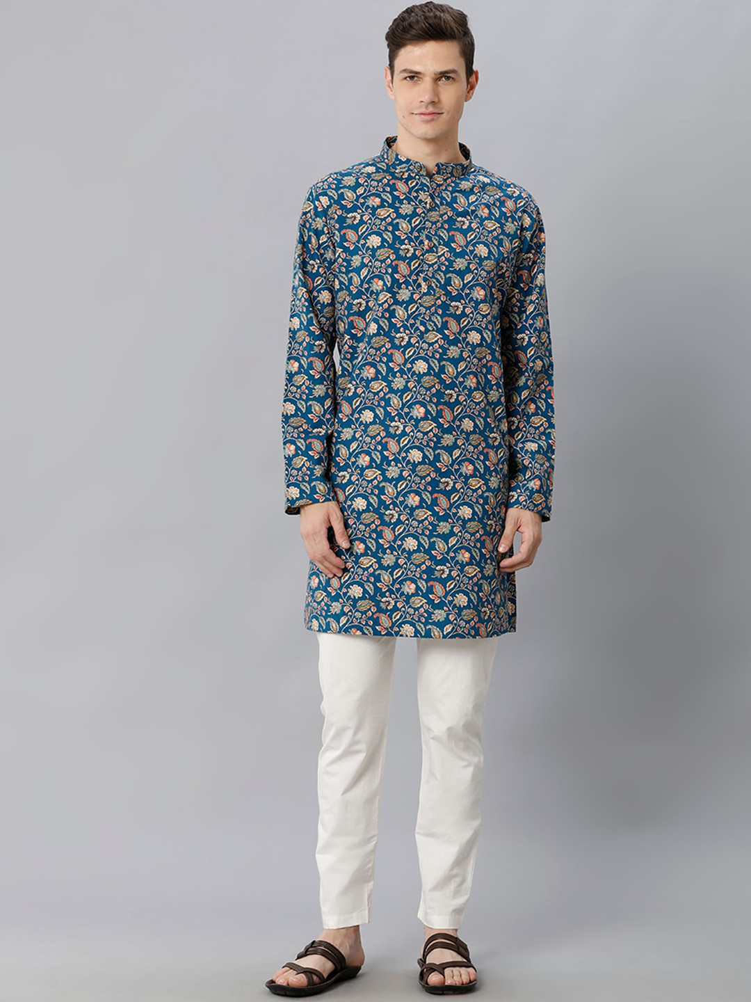 

CAVALLO by Linen Club Floral Printed Band Collar Cotton Linen Kurta, Blue
