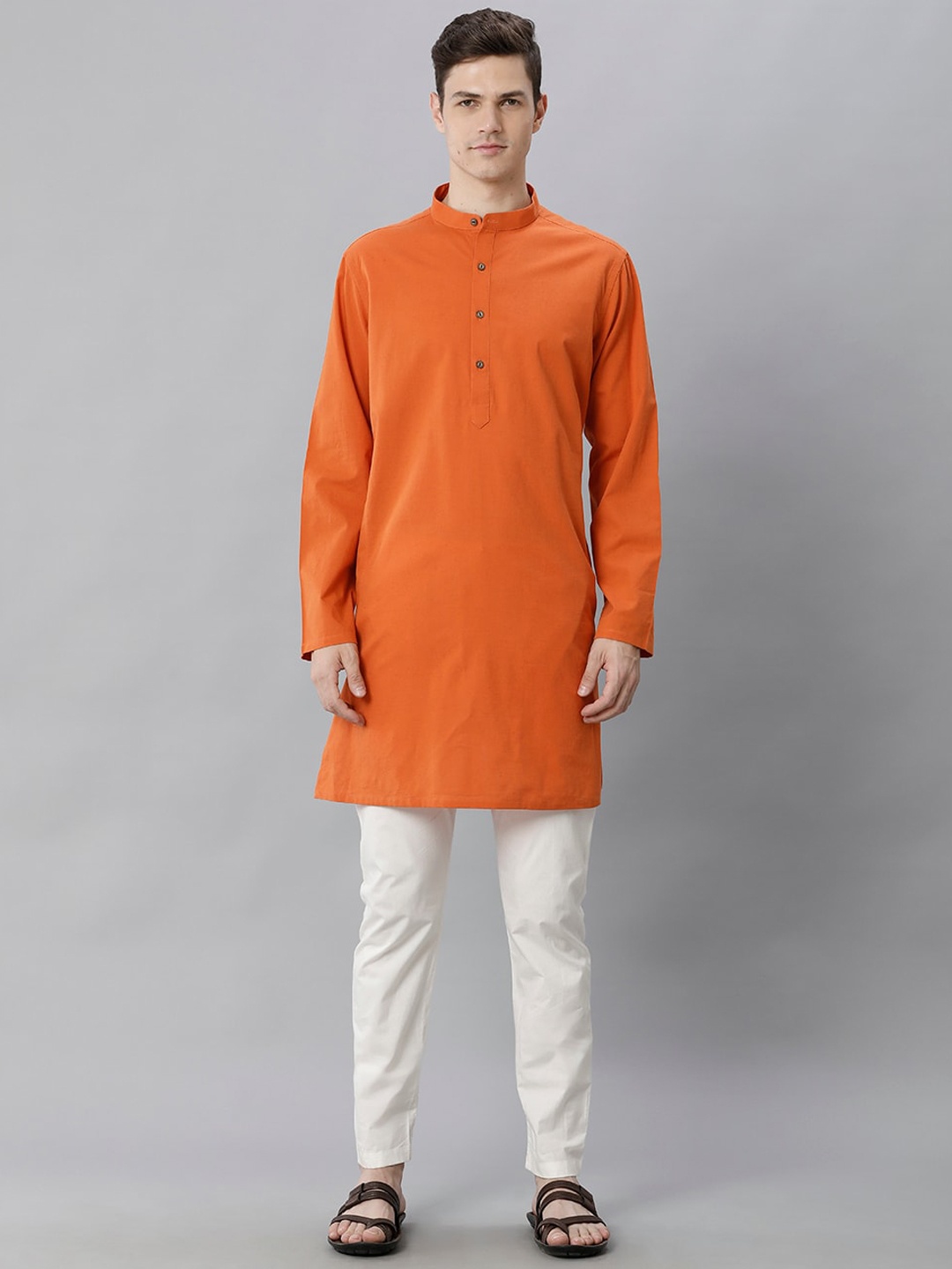 

CAVALLO by Linen Club Band Collar Cotton Linen Kurta, Orange