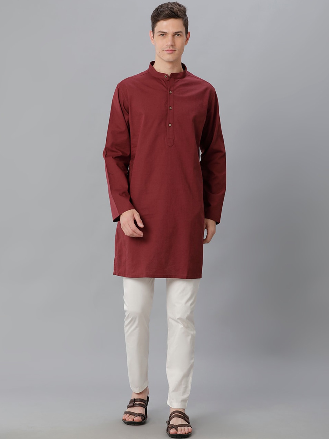 

CAVALLO by Linen Club Mandarin Collar Kurta, Maroon