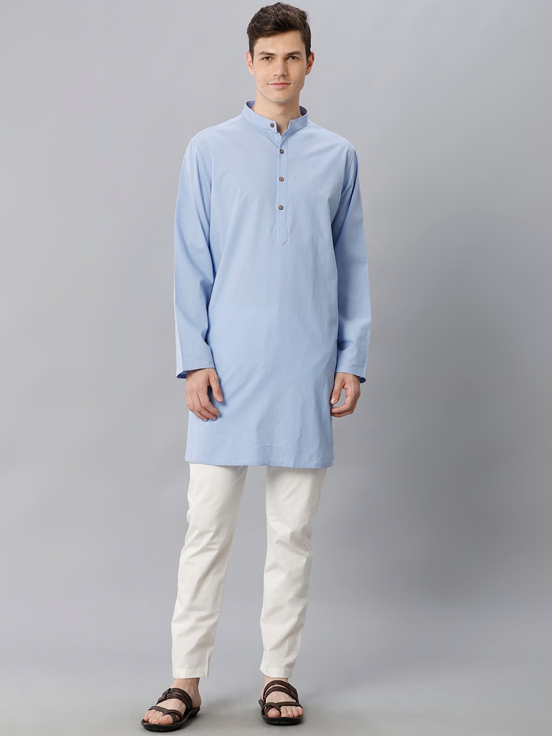 

CAVALLO by Linen Club Band Collar Cotton Linen Kurta, Blue