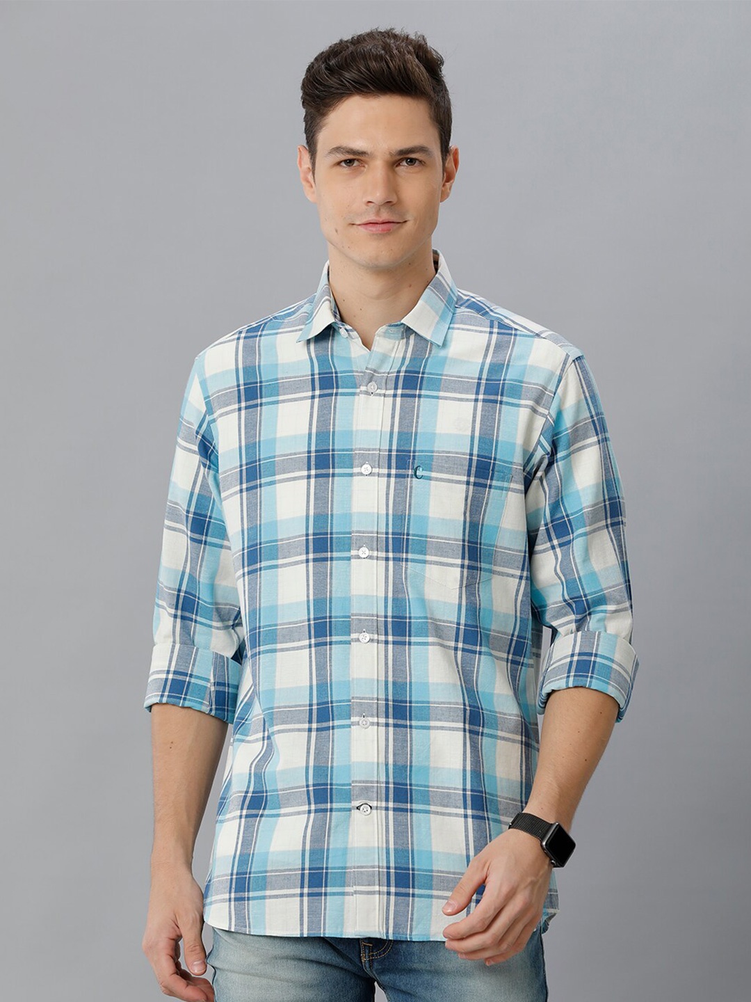 

CAVALLO by Linen Club Tartan Checked Contemporary Cotton Linen Casual Shirt, Blue