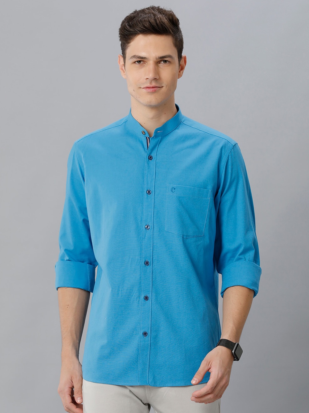 

CAVALLO by Linen Club Band Collar Contemporary Cotton Linen Casual Shirt, Blue