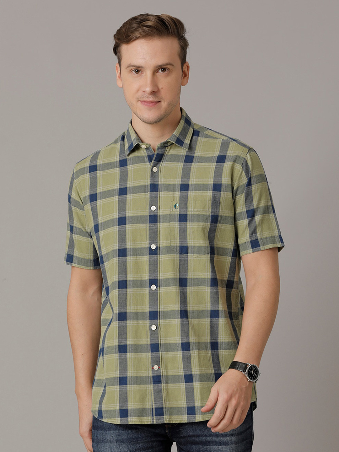 

CAVALLO by Linen Club Checked Contemporary Cotton Linen Casual Shirt, Green