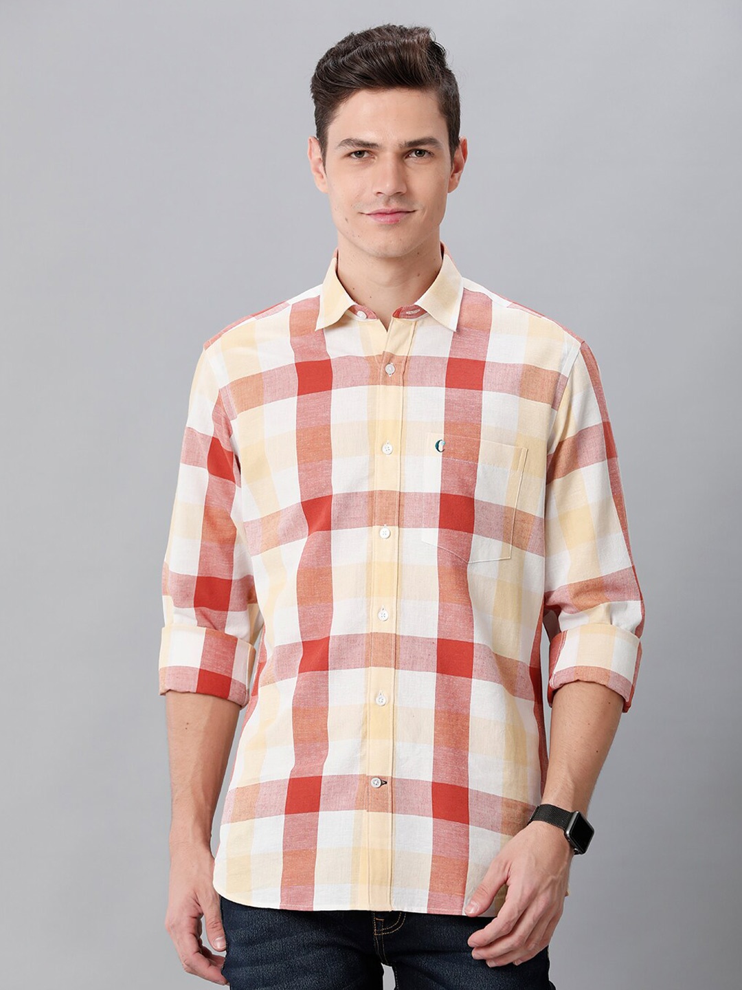 

CAVALLO by Linen Club Contemporary Fit Checked Casual Shirt, Red