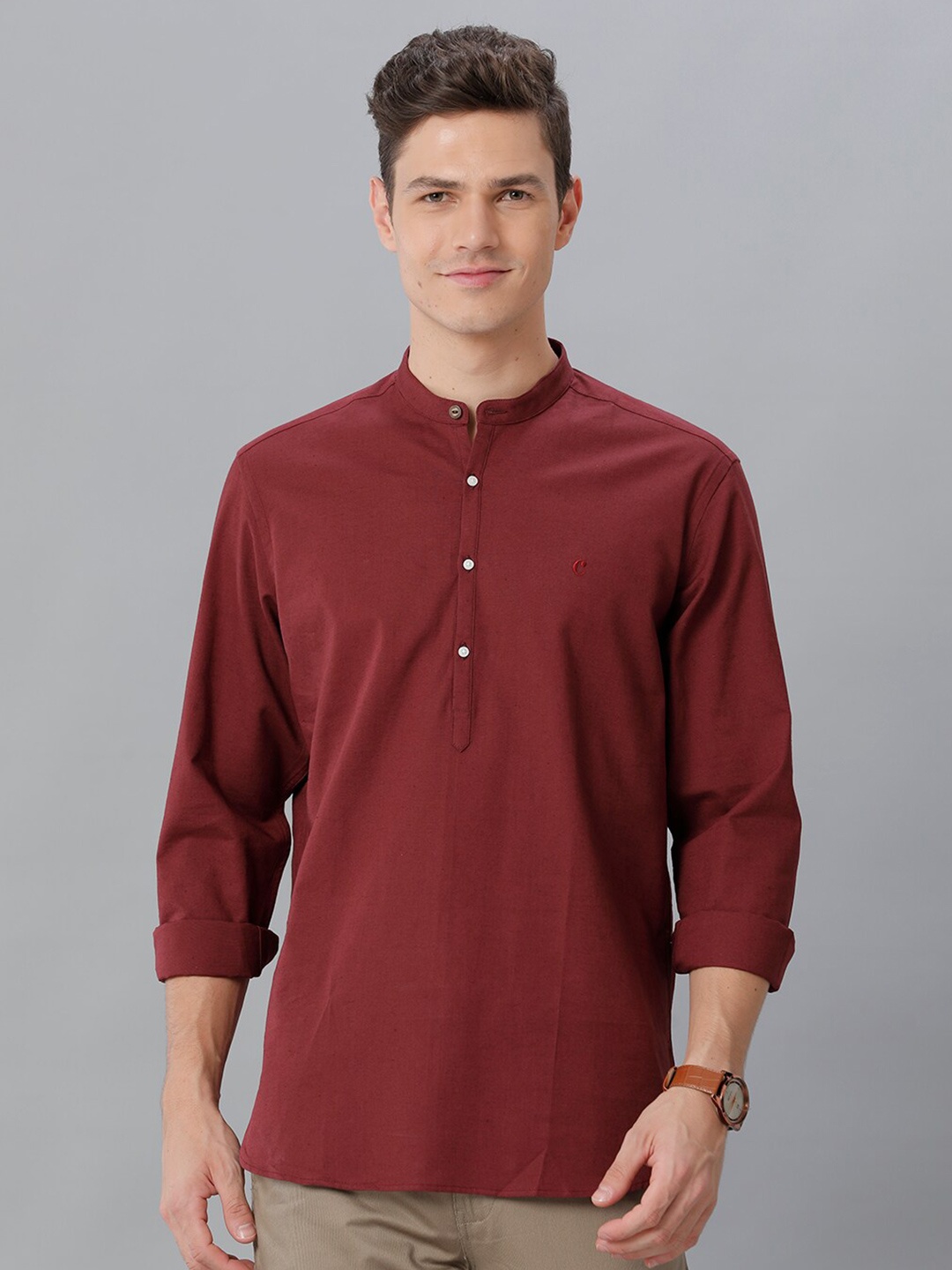 

CAVALLO by Linen Club Band Collar Contemporary Cotton Linen Casual Shirt, Maroon
