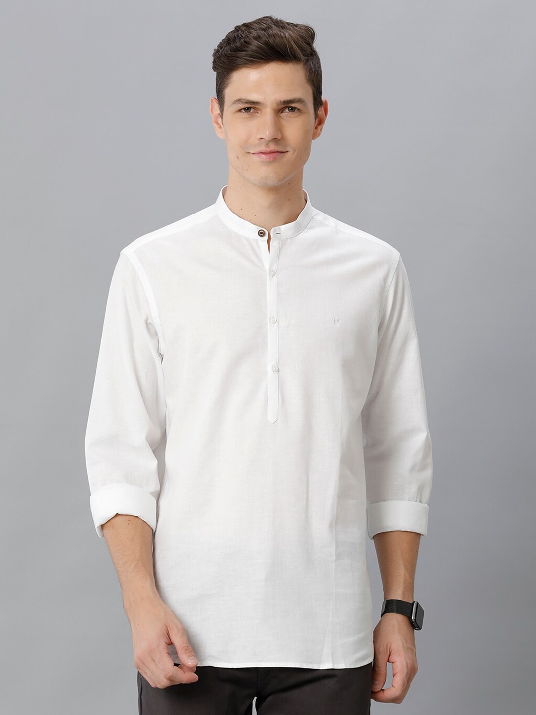 

CAVALLO by Linen Club Contemporary Fit Mandarin Collar Cotton Linen Casual Shirt, White
