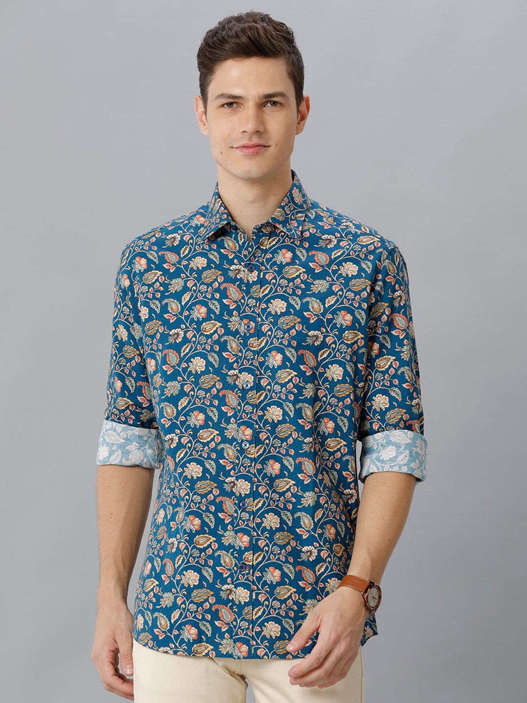 

CAVALLO by Linen Club Contemporary Fit Floral Printed Cotton Linen Casual Shirt, Blue