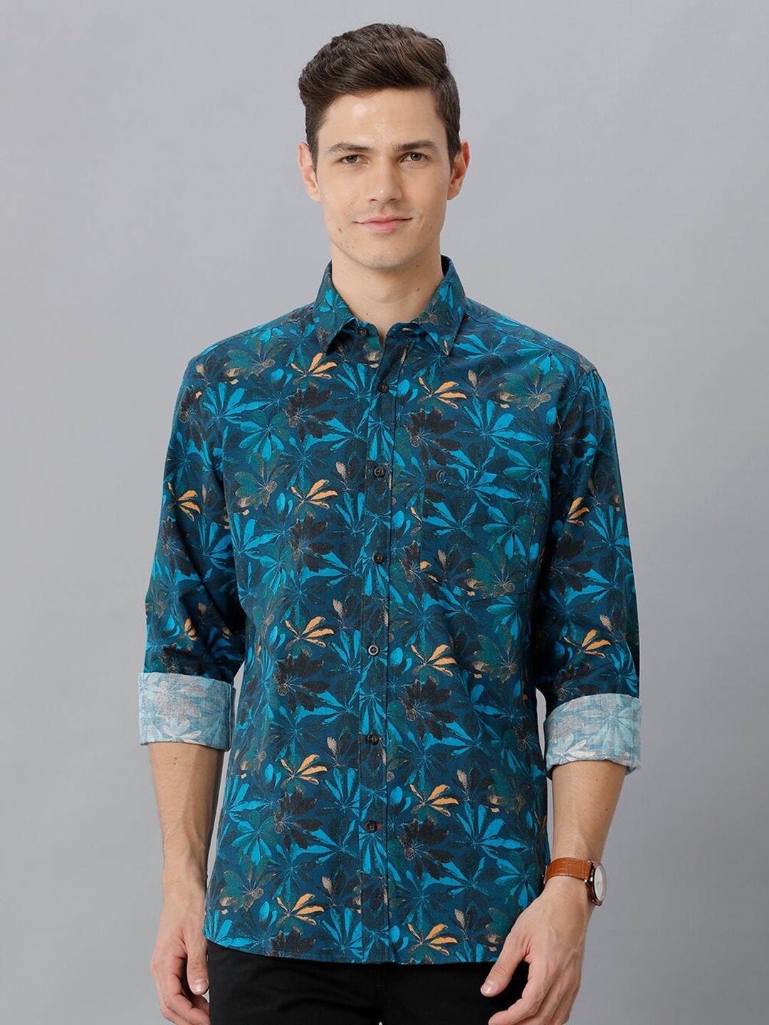 

CAVALLO by Linen Club Contemporary Fit Floral Printed Casual Shirt, Blue