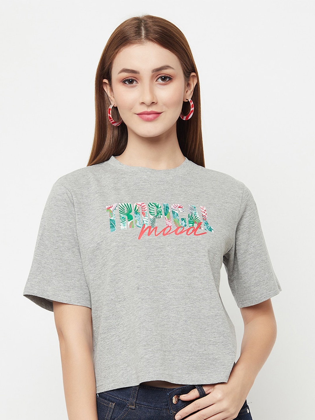 

VISO Typography Printed Round Neck Oversized T-shirt, Grey