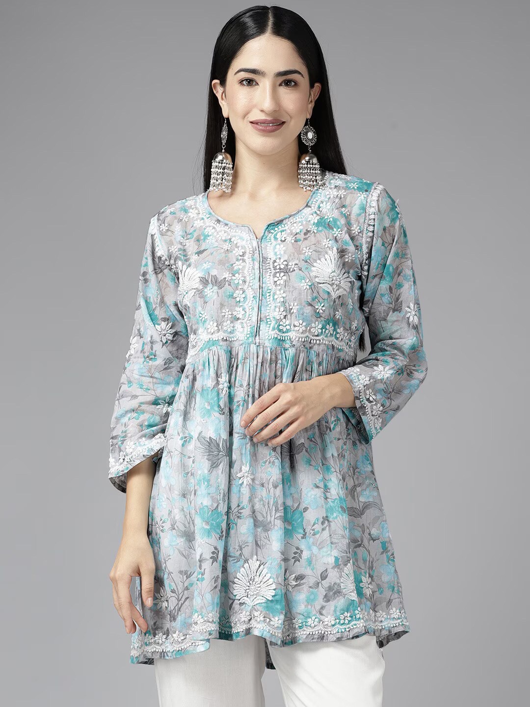 

ADA Floral Embroidered Thread Work Detailed Pure Cotton A-Line Kurti, Grey