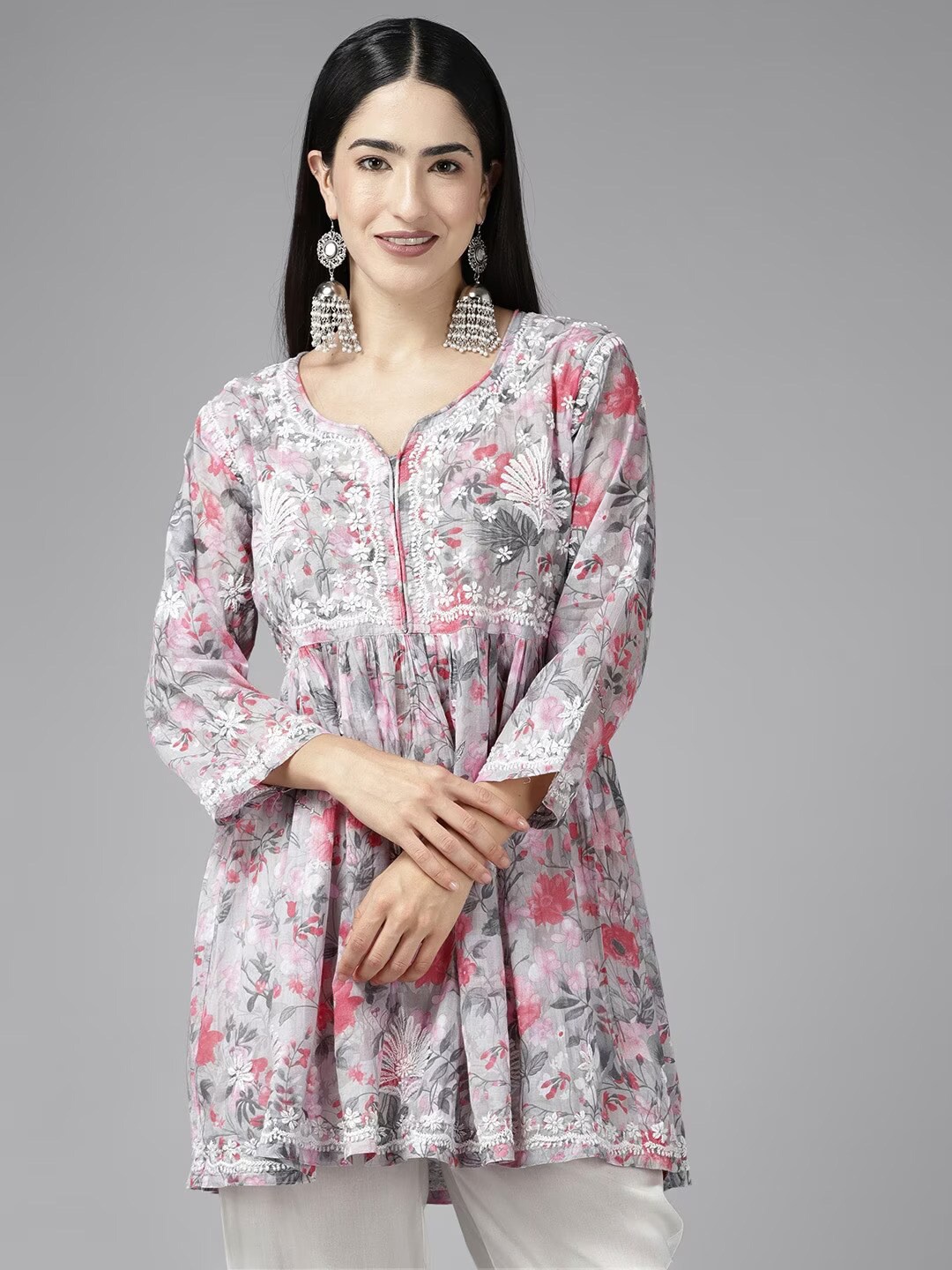 

ADA Floral Embroidered Thread Work Detailed Pure Cotton A-Line Kurti, Grey