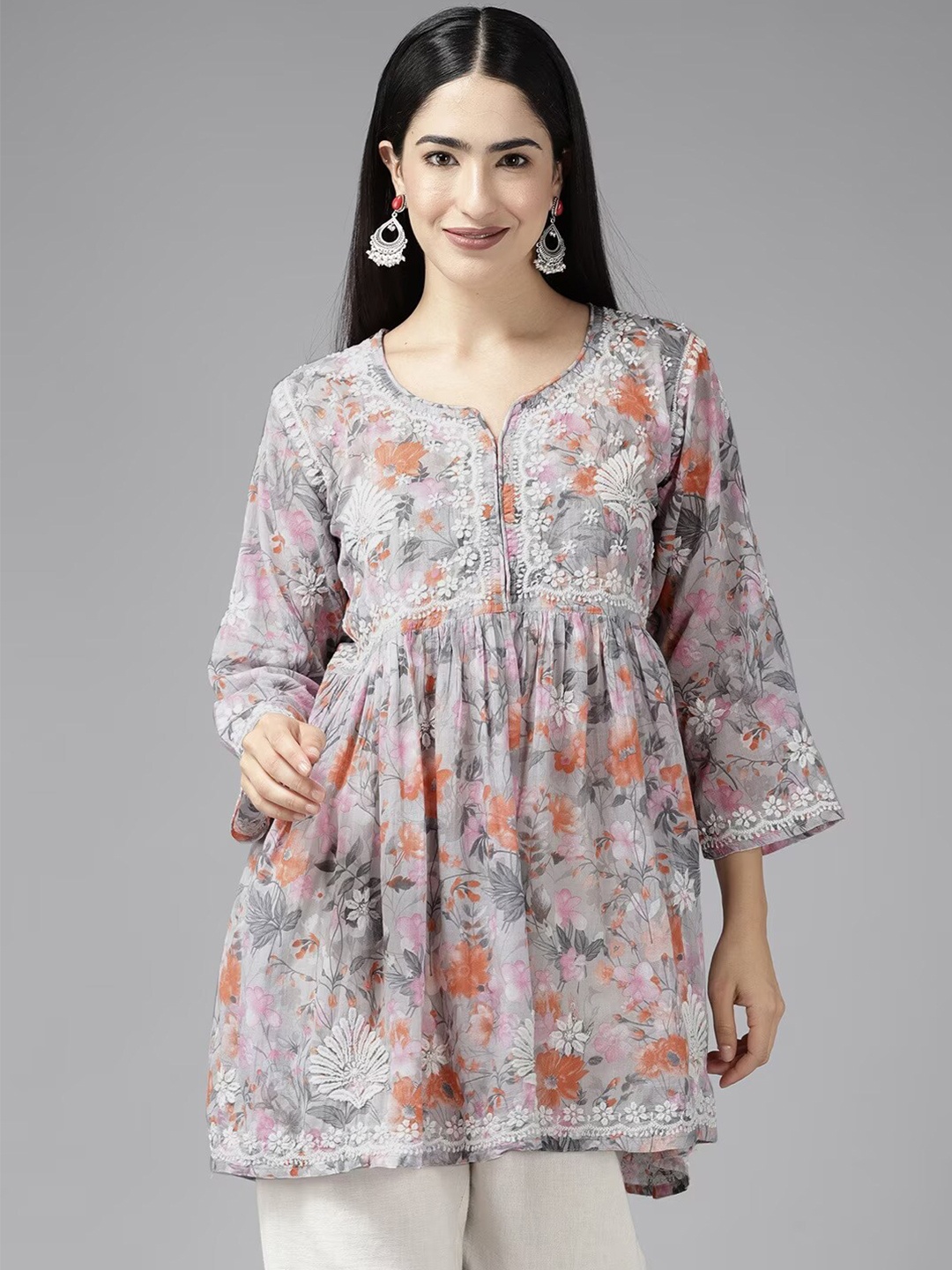 

ADA Floral Embroidered Thread Work Detailed Pure Cotton A-Line Kurti, Grey