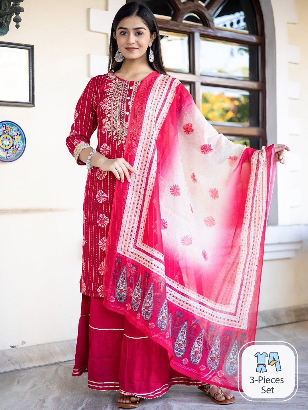 

misbis Floral Printed Regular Thread Work Straight Kurta & Sharara With Dupatta, Pink