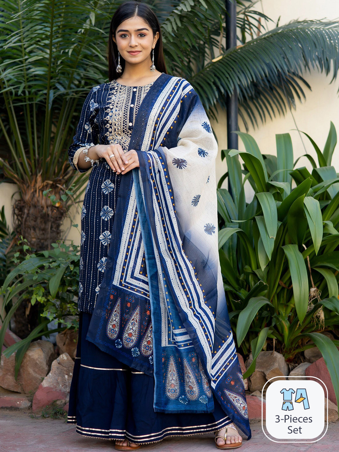 

misbis Ethnic Motifs Printed Regular Gotta Patti Kurta with Sharara & Dupatta, Blue
