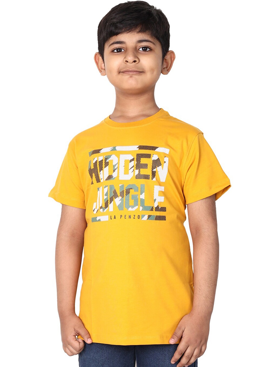 

BETTER THINK Boys Typography Printed Cotton T-shirt, Mustard