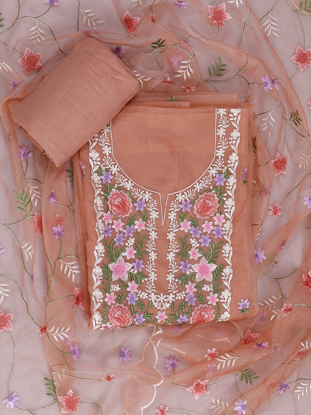 

SALWAR STUDIO Floral Embrodered Organza Unstitched Dress Material, Peach