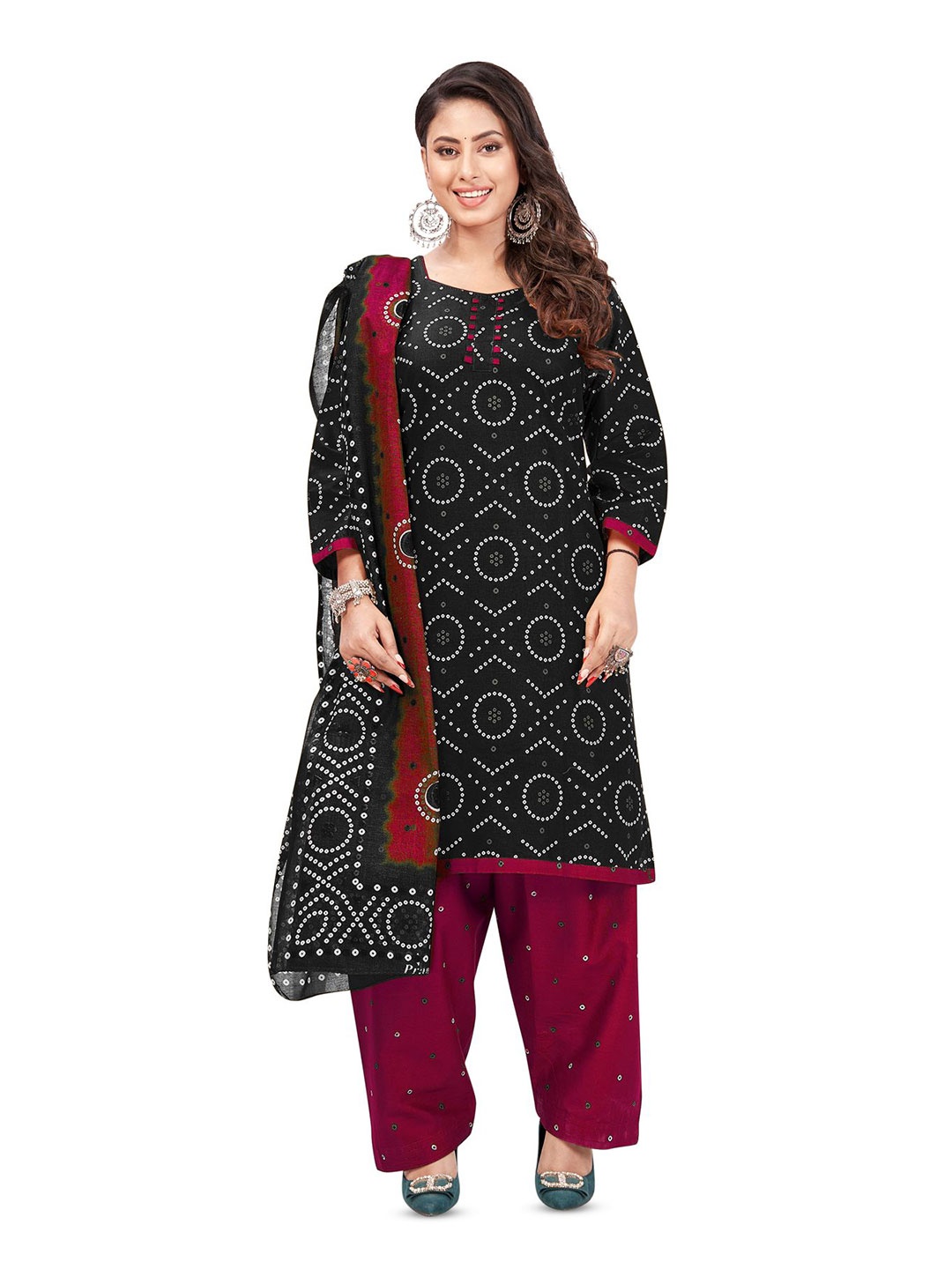 

SALWAR STUDIO Bandhani Printed Unstitched Dress Material, Black