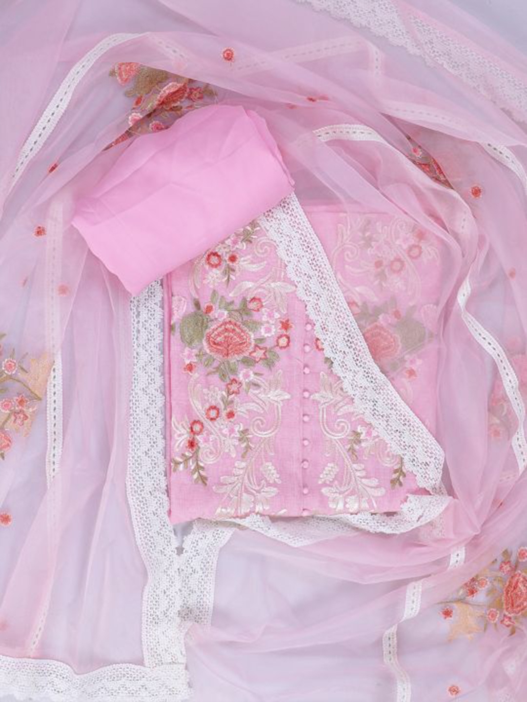 

SALWAR STUDIO Floral Printed Organza Unstitched Dress Material, Pink