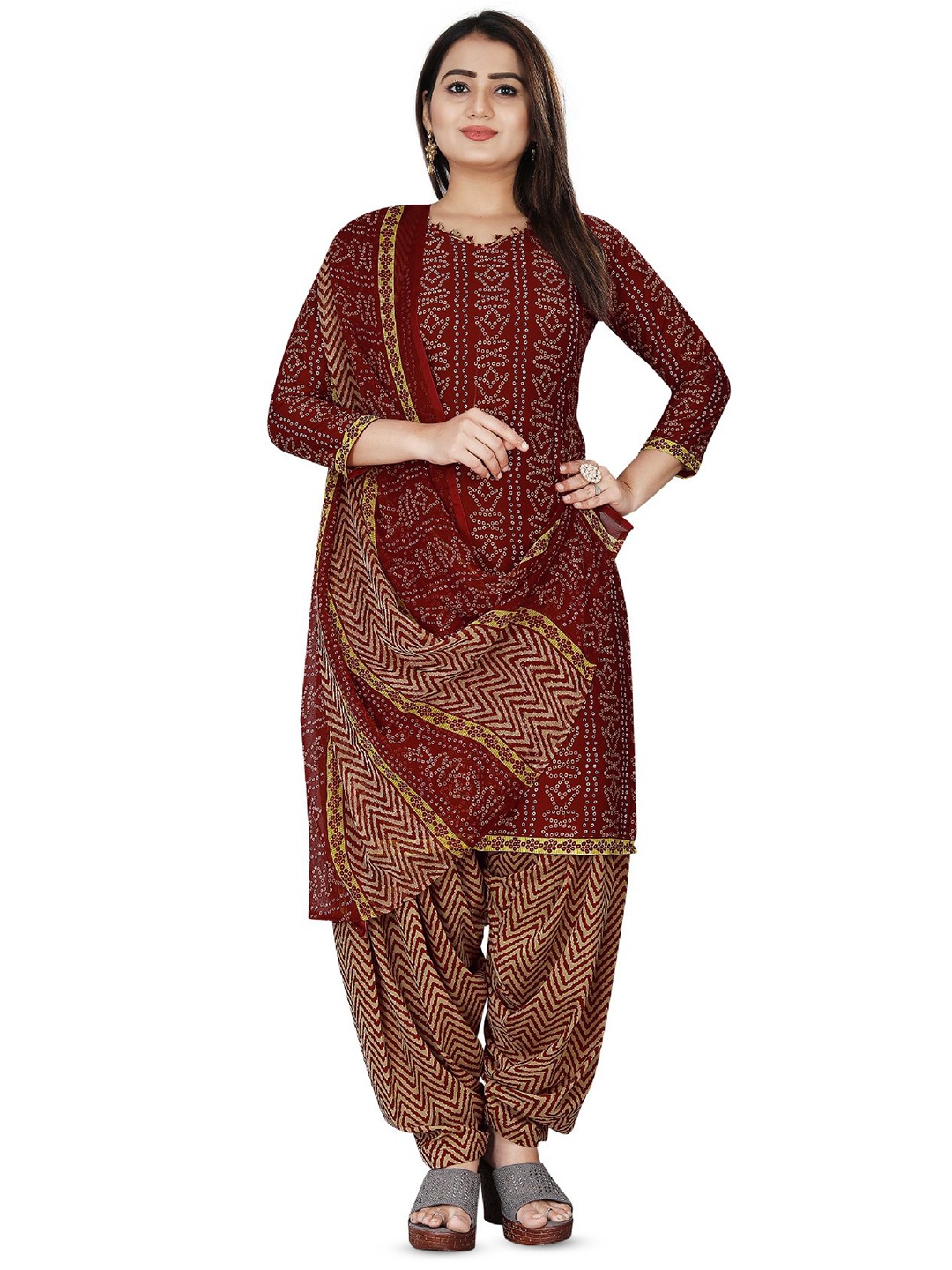 

SALWAR STUDIO Ethnic Motifs Printed Unstitched Dress Material, Maroon