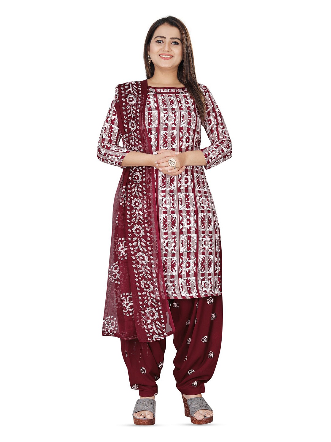 

SALWAR STUDIO Ethnic Motifs Printed Unstitched Dress Material, Maroon