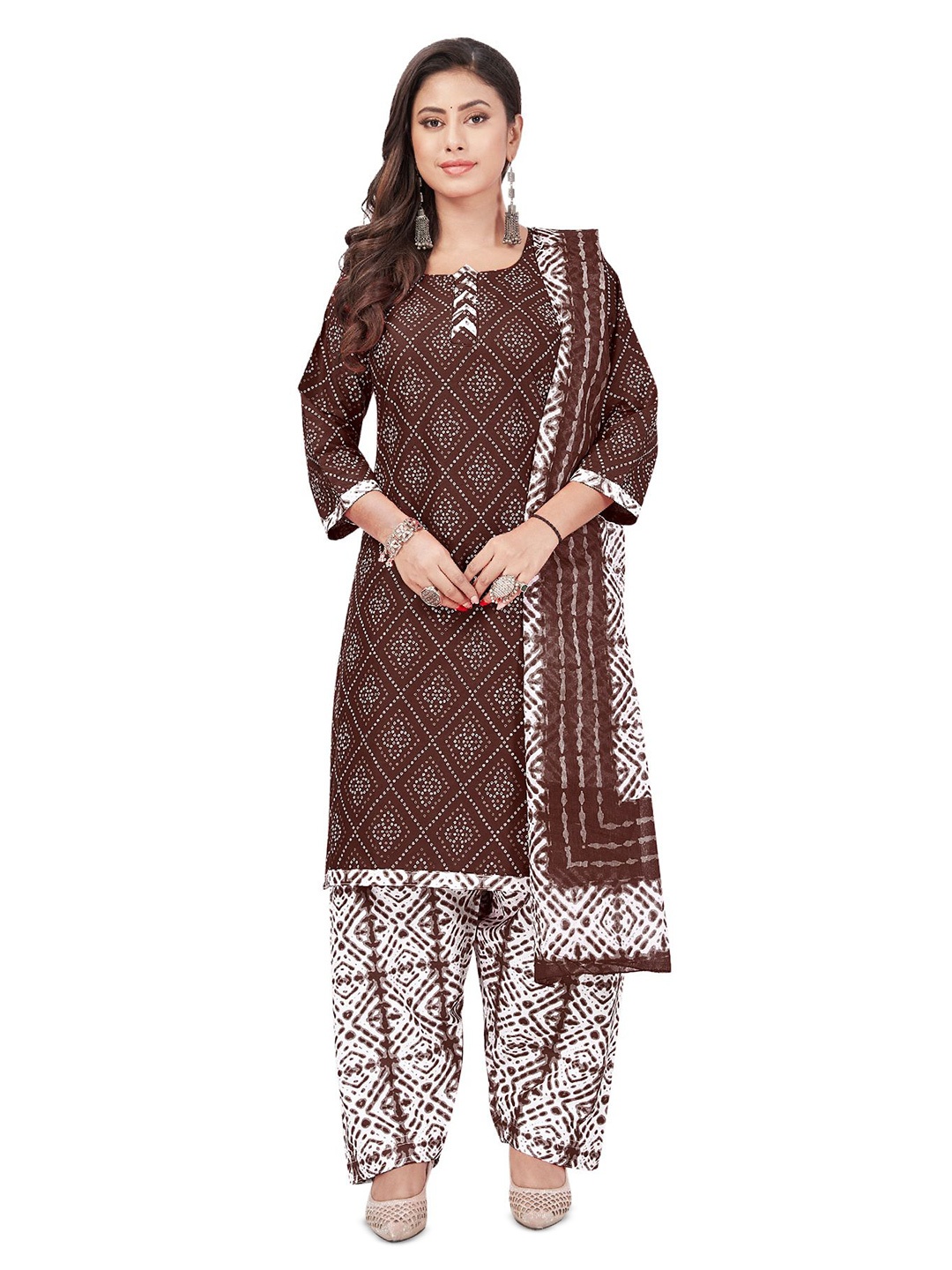 

SALWAR STUDIO Bandhani Printed Unstitched Dress Material, Brown