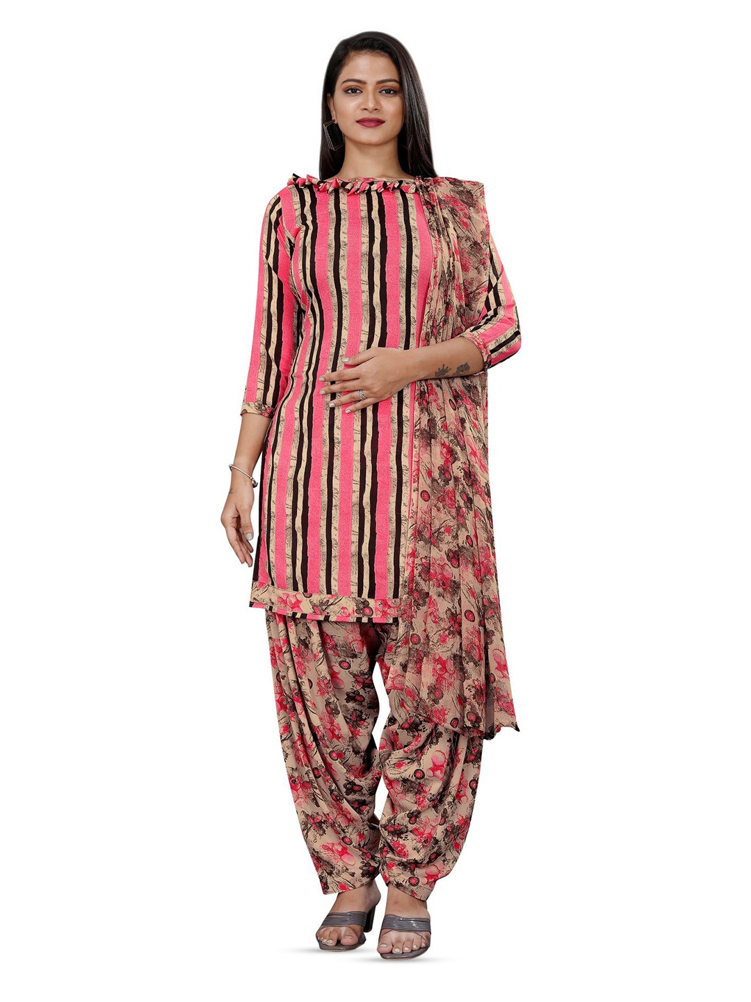 

SALWAR STUDIO Striped Unstitched Dress Material, Pink