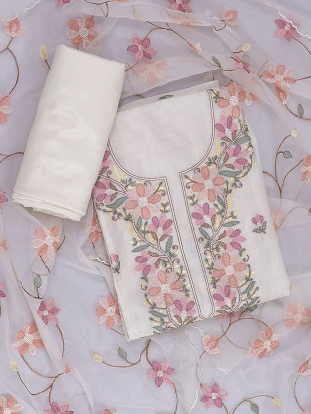 

SALWAR STUDIO Floral Embroidered Unstitched Dress Material, White
