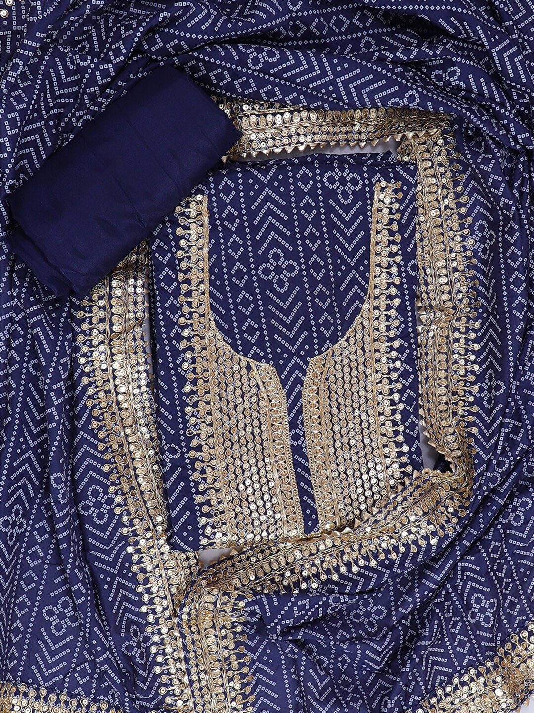 

SALWAR STUDIO Bandhani Printed Sequinned Pure Cotton Unstitched Dress Material, Navy blue