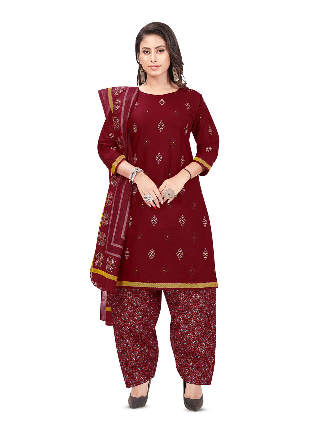 

SALWAR STUDIO Geometric Printed Unstitched Dress Material, Maroon