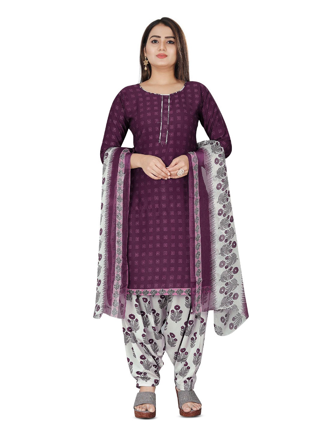 

SALWAR STUDIO Floral Printed Unstitched Dress Material, Burgundy