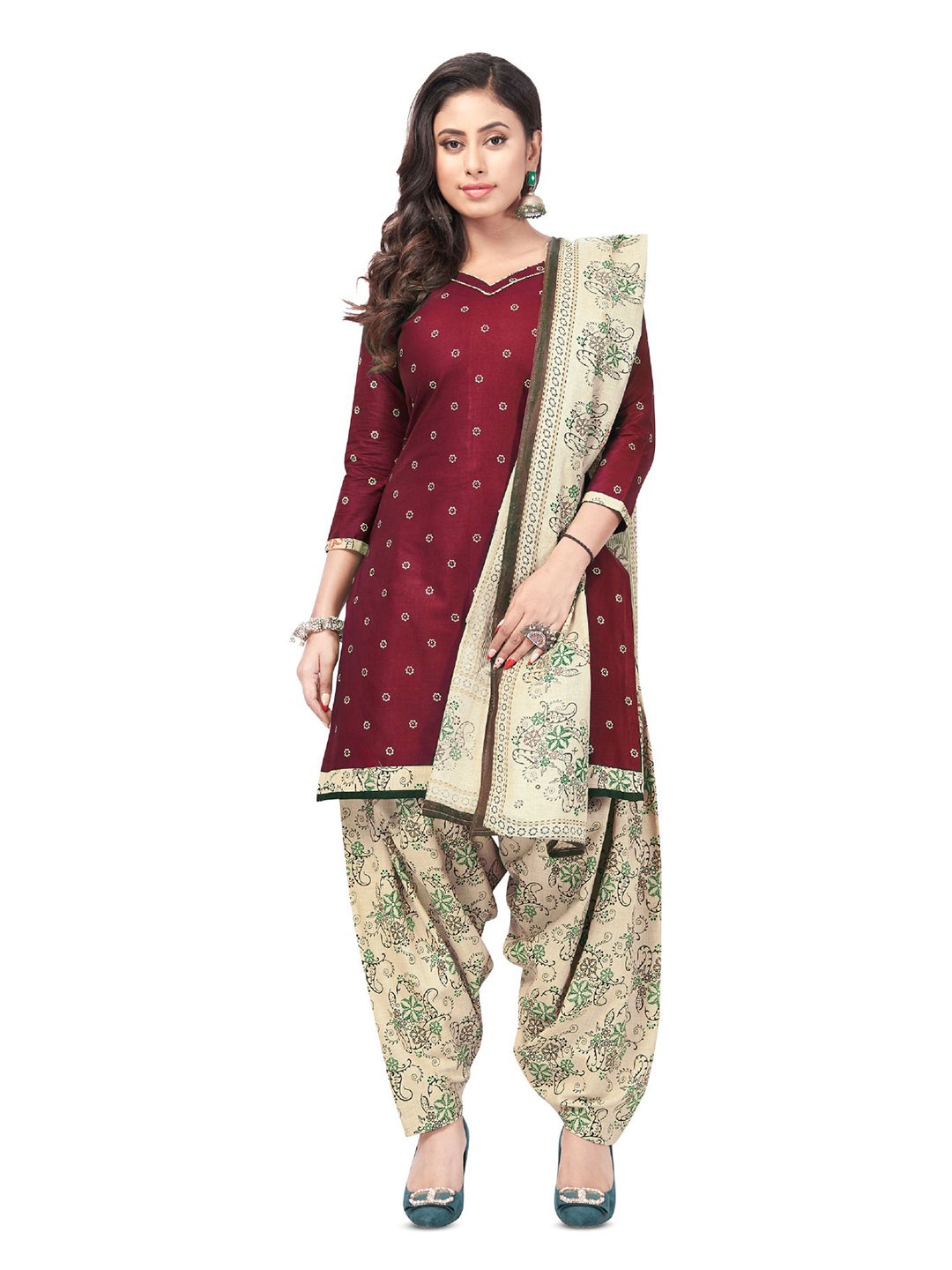 

SALWAR STUDIO Ethnic Motifs Printed Unstitched Dress Material, Maroon