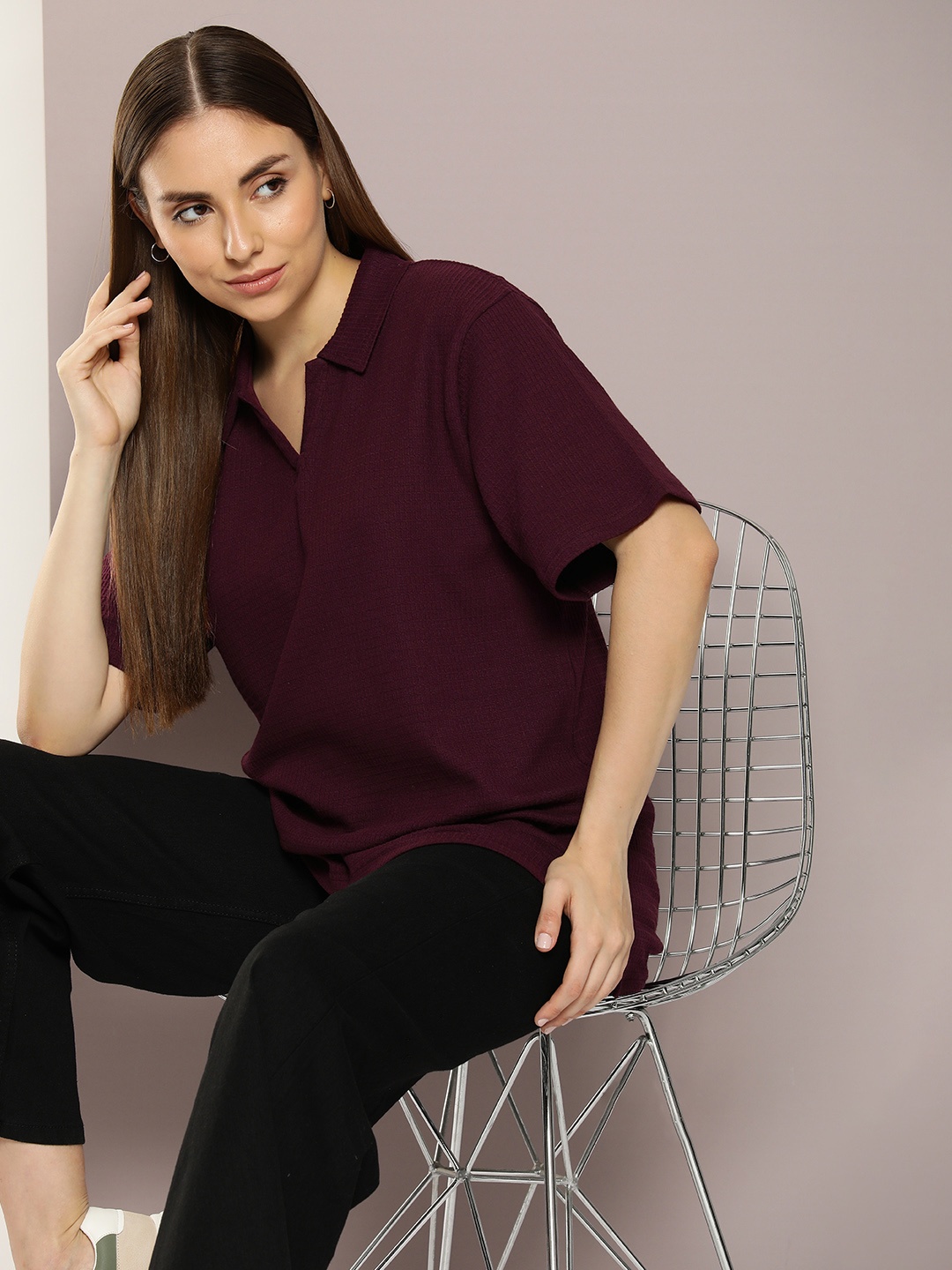 

DILLINGER Women Waffle Structure Oversized Polo Collar T-shirt, Burgundy
