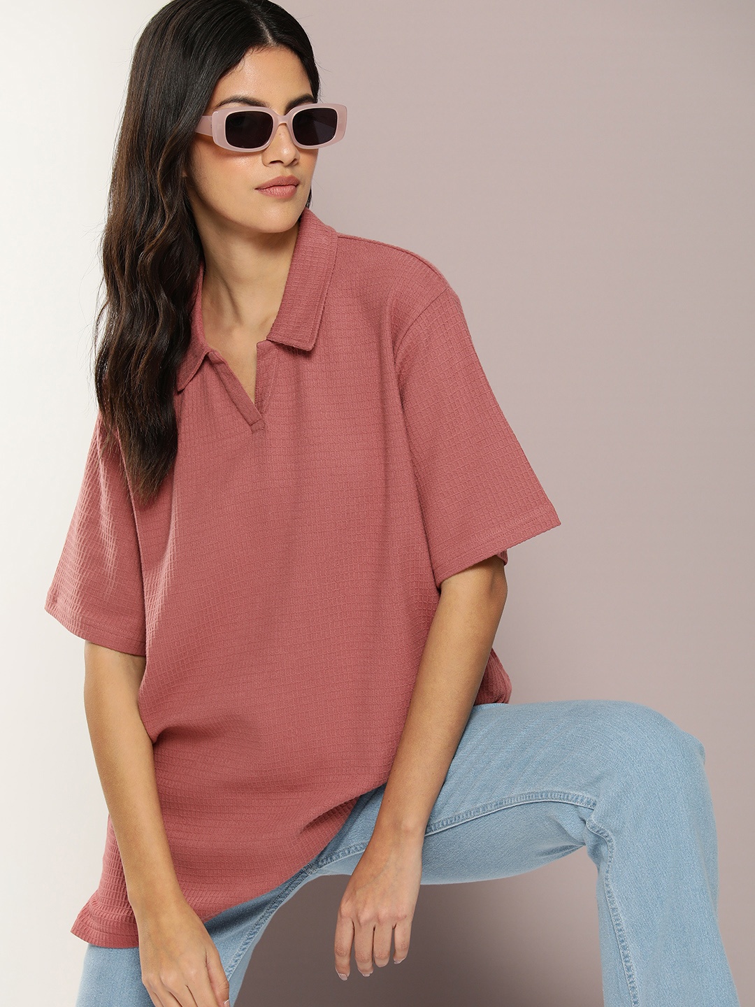 

DILLINGER Women Waffle Structure Oversized Polo Collar T-shirt, Pink