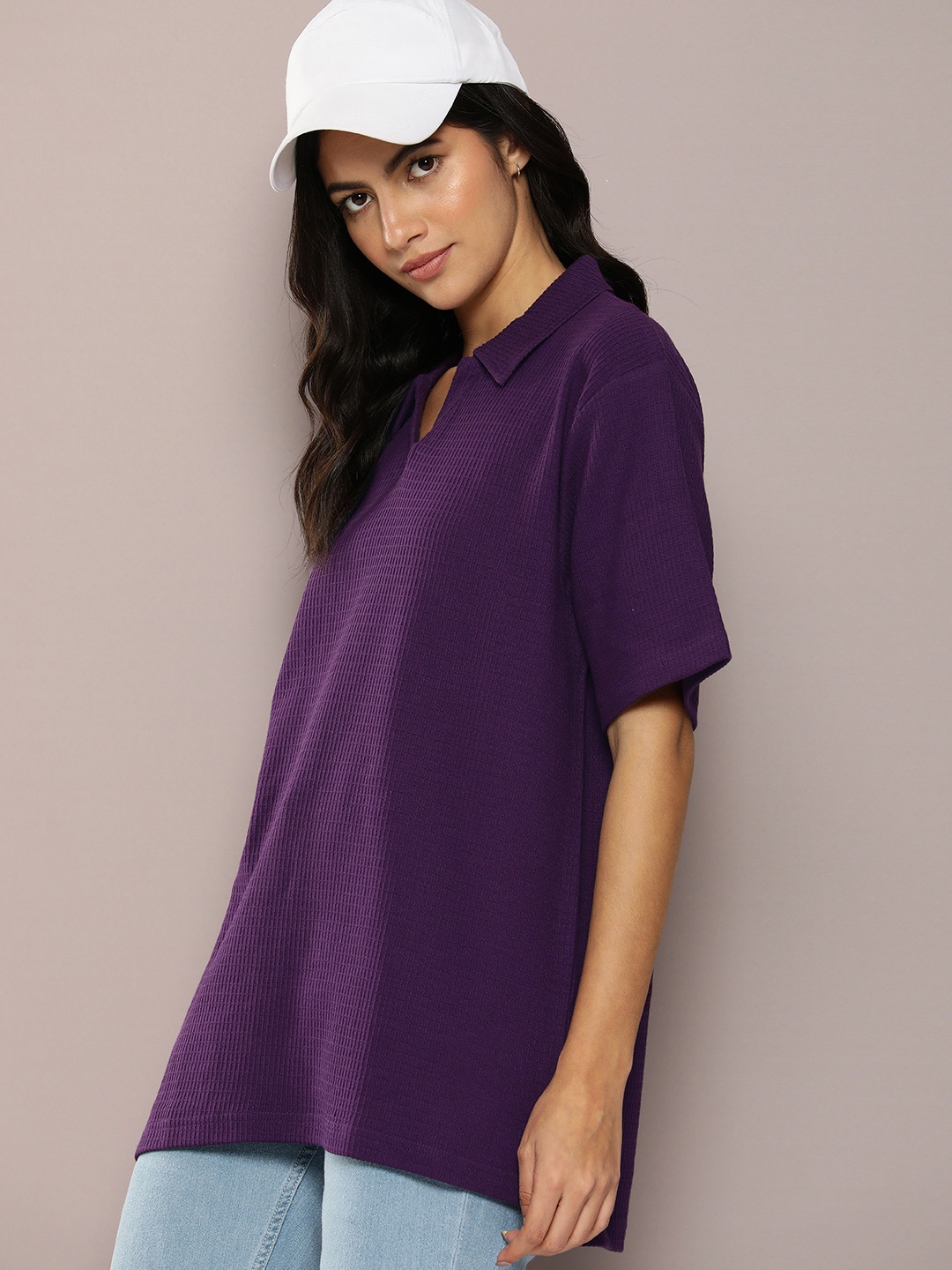 

DILLINGER Women Waffle Structure Oversized Polo Collar T-shirt, Purple