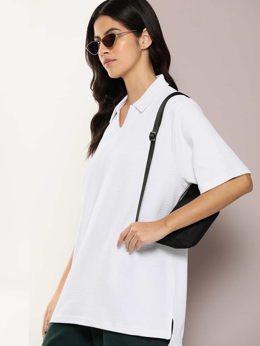 

DILLINGER Women Waffle Structure Oversized Polo Collar T-shirt, White