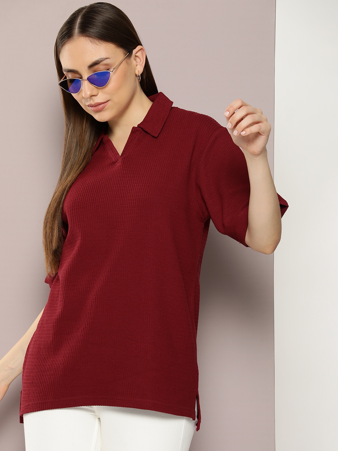 

DILLINGER Women Waffle Structure Self Design Oversized Polo Collar T-shirt, Maroon